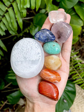 Cargar imagen en el visor de la galería, Selenite Engraved Tree of Life Palm Stone + Chakra Set 7 Crystals