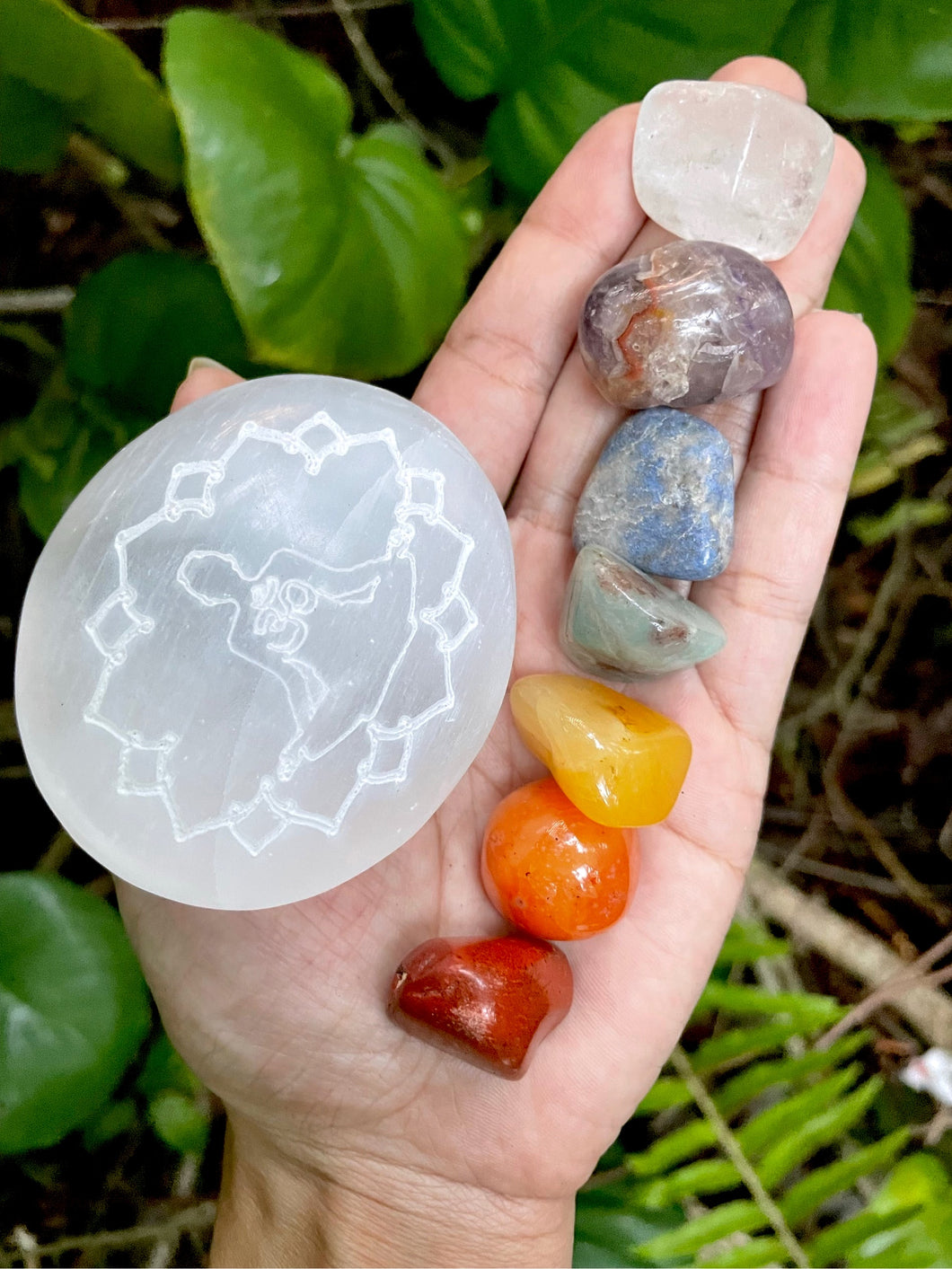 Selenite Engraved Meditation Palm Stone + Chakra Set 7 Crystals