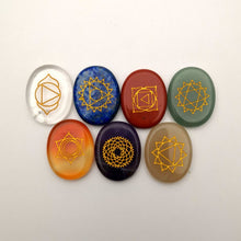 Cargar imagen en el visor de la galería, Natural Reiki Palm Stone Set | 7 Chakras Carved Symbols
