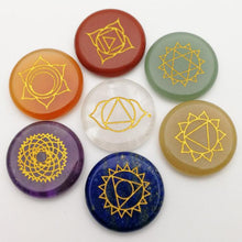 Cargar imagen en el visor de la galería, Natural Reiki Palm Stone Set | 7 Chakras Carved Symbols
