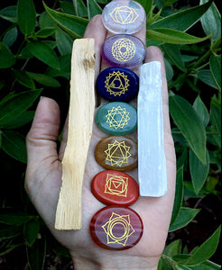 Reiki 7 Chakras Palmstones Set Bundle / Selenite Stick + Palo Santo