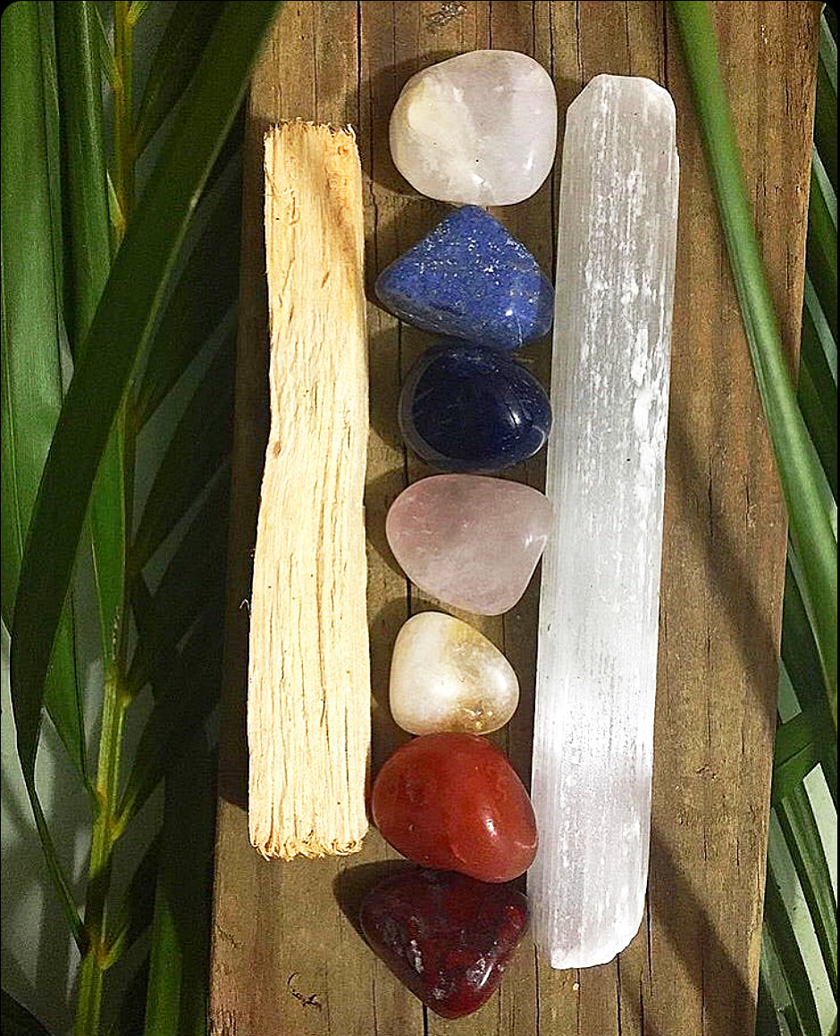 Chakra Set/ 7 Medium Crystals + Selenite Stick + Palo Santo