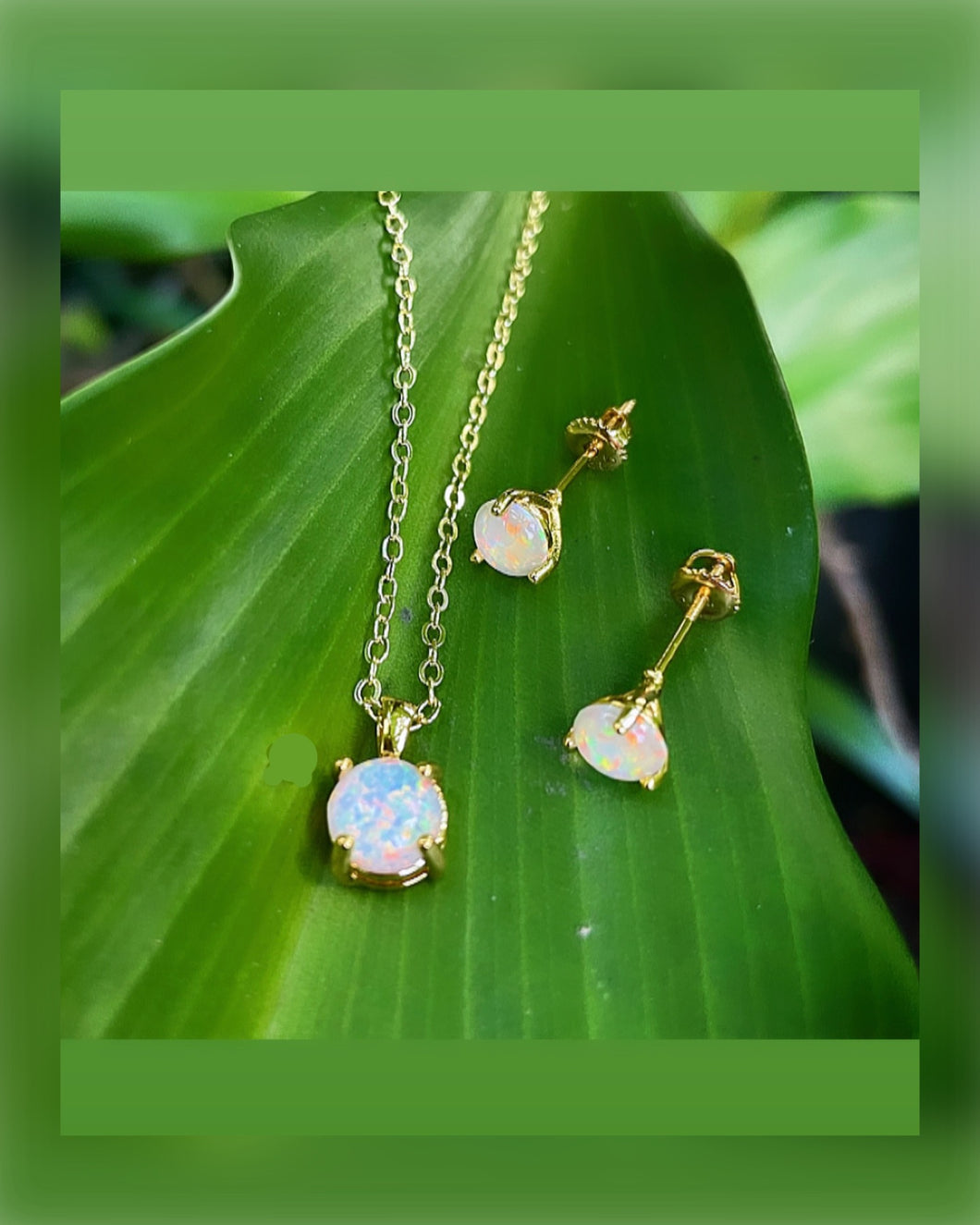 White Fire Opal Stone Necklace and Earrings 18K Gold Plated Set