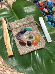 Chakra Set / 10 Small Crystals + Small Selenite + Palo Santo