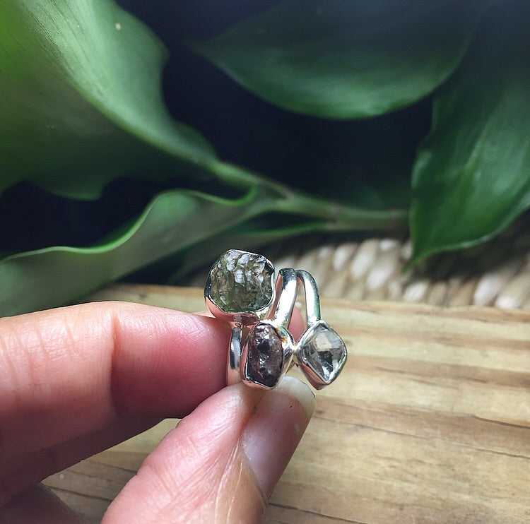 Rough Moldavite, Campo del Cielo, Herikmer Diamond 925 Spiral Silver Ring