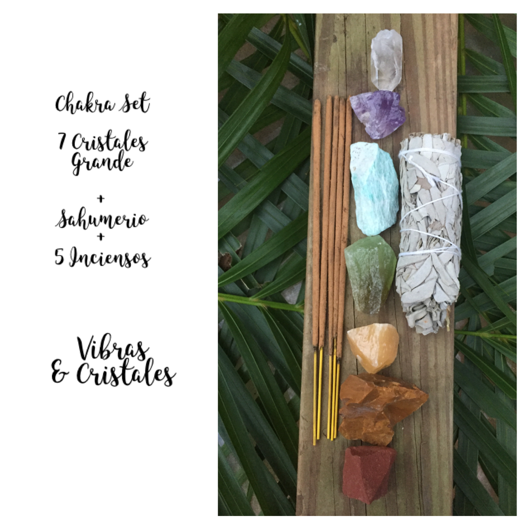 Chakra Set/ 7 Large Raw Crystals + 1 Sage Smudge + 5 Incences