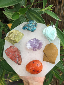 Chakra Set / 7 Large Crystals + Large Selenite Charging Plate