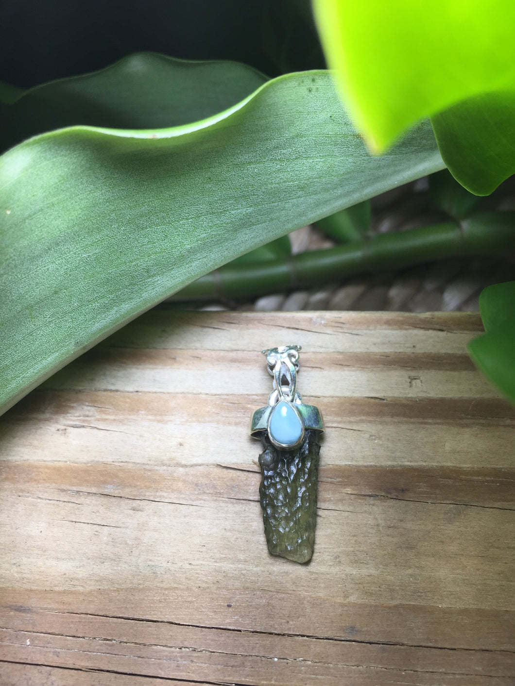 Rough Moldavite Larimar 925 Silver Pendant