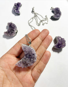 Amethyst Crescent Moon Druzy Pendant Necklace