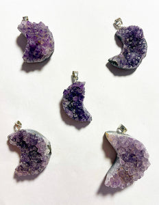 Amethyst Crescent Moon Druzy Pendant Necklace