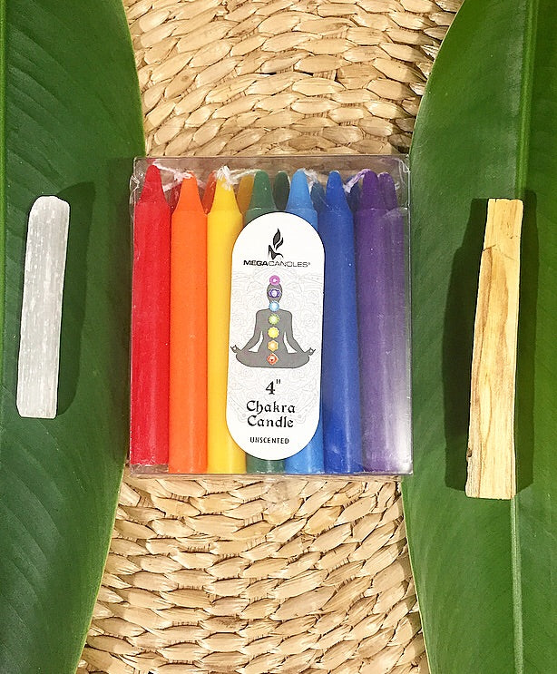 14 Chakras Candle Set + Selenite Stick + Palo Santo Bundle