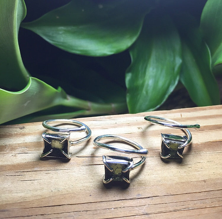 Semi Polished Square Moldavite Spiral 925 Silver Ring