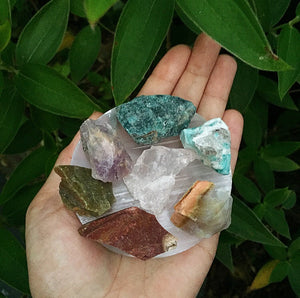 Chakra Set/ 7 Medium Crystals + Small Selenite Charging Plate