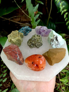 Chakra Set / 7 Large Crystals + Large Selenite Charging Plate + Large Pyrite Stone