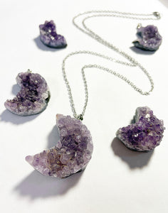 Amethyst Crescent Moon Druzy Pendant Necklace