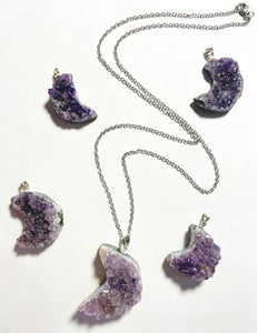 Amethyst Crescent Moon Druzy Pendant Necklace