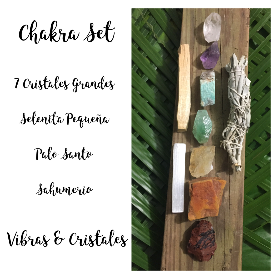 Chakra Set / 7 Large Crystals + 1 Selenite + Sage Smudge + Palo Santo